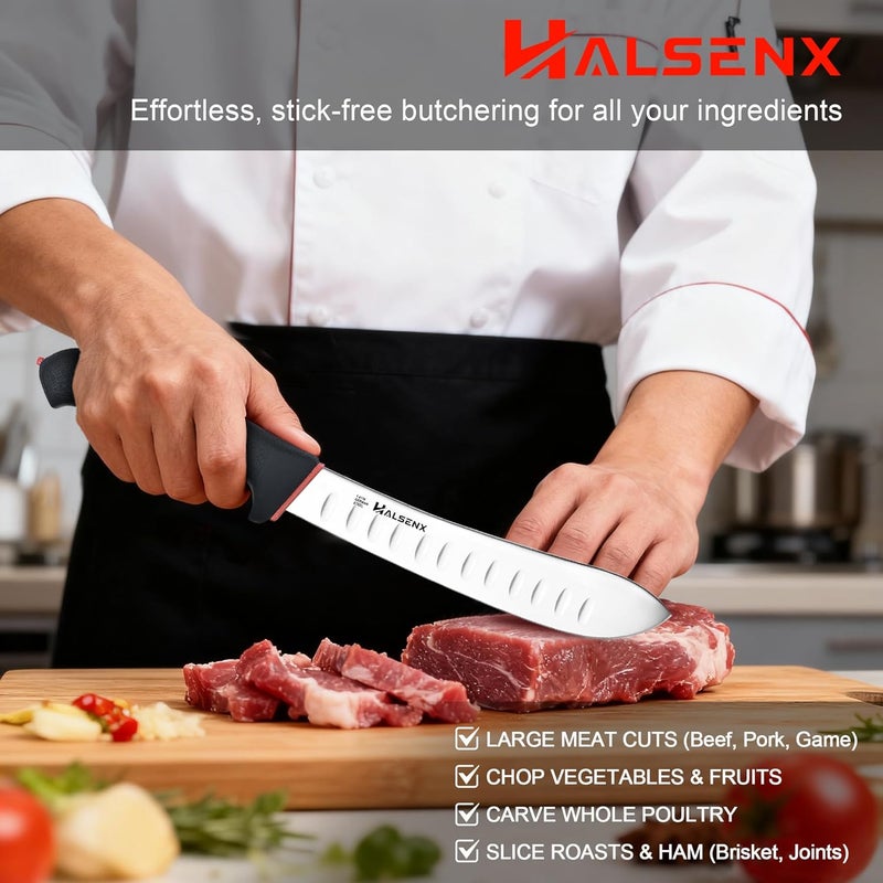 HALSENX سكين جزار محترف 8 بوصة - سكين قطع لحم بحافة مجوفة من الفولاذ المقاوم للصدأ 1.4116، مقبض ناعم غير قابل للانزلاق لمسلخ، مطبخ منزلي - Image 5